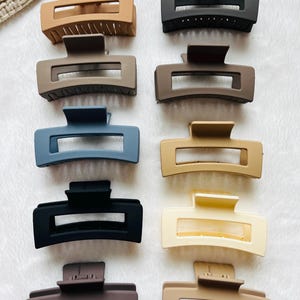 May include: Set of ten hair clips in various colors, including brown, beige, black, cream, and gray. The clips are made of plastic and have a rectangular shape with a curved top.