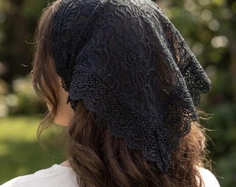 Black Lace Hair Bandana, Triangle Head Scarf, Delicate Floral Net Lace Veil, Cottagecore Hair Accessory, Vintage Style Church Mantilla,Elast