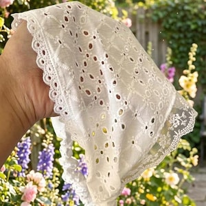 May include: White eyelet fabric with a scalloped lace edge. The fabric has a geometric pattern of small, evenly spaced holes. The background is a garden with pink and purple flowers.