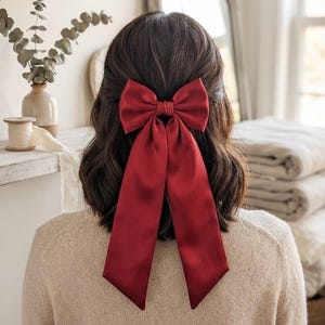 Red Satin Hair Bow, Long Tail Hair Ribbon, Handmade Hair Clip, Holiday Hair Accessory, Half Up Half Down Bow, Gift for Her