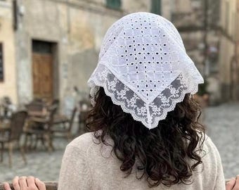 White Lace Hair Bandana for Women and girls  • Eyelet Cotton Headpiece with Elastic Strap • Floral Lace Kerchief • Summer Boho Hair Wrap