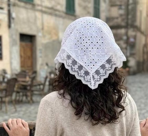 White Lace Hair Bandana for Women and girls  • Eyelet Cotton Headpiece with Elastic Strap • Floral Lace Kerchief • Summer Boho Hair Wrap