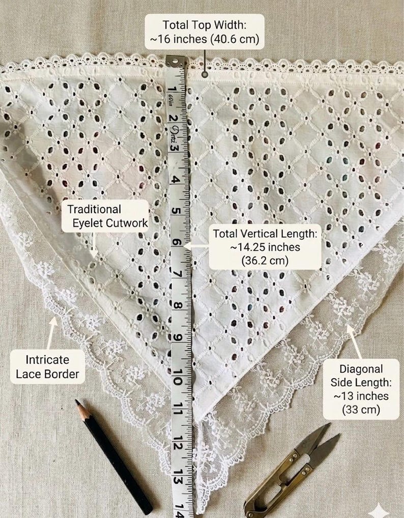 May include: White eyelet cutwork fabric with an intricate lace border. The total top width is approximately 16 inches (40.6 cm), with a vertical length of about 14.25 inches (36.2 cm). The diagonal side length is about 13 inches (33 cm). A pencil and scissors are also in the image.