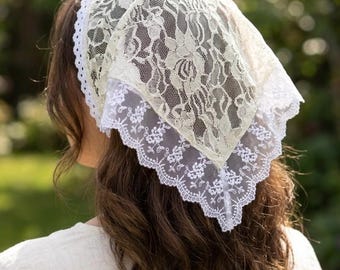 Vintage Style Floral Lace Hair Bandana - Ivory Cream Kerchief Hair Scarf with Pure White Lace Trim - Cottagecore Boho Headpiece, ElasticBack