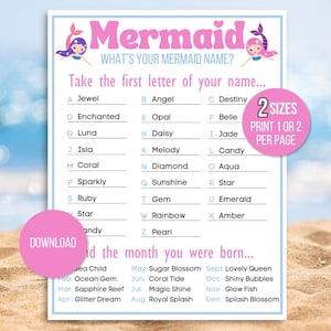 What&#39;s your Mermaid Name Game, Mermaid Name Game Sign, Mermaid Game, Mermaid Activity, Girls Mermaid Game, Mermaid Themed Party, Mermaids