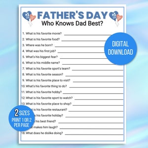 Father's Day Who Knows Dad Best Game, Father's Day Games, Games with Day, Father's Day Activities for Kids & Adults, Father Questionnaire