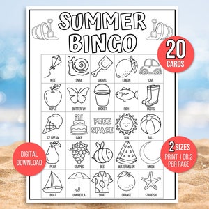 Bingo de verano, 20 cartones de bingo de verano, Juego de bingo para colorear, Juego de verano, Actividad de verano, Juego de bingo de verano para niños, Bingo de vacaciones de verano