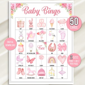 Bingo voor babymeisje, 50 bingokaarten voor babyshower, afdrukbaar spel voor babymeisje, babybingospel, bingokaarten voor babymeisje, babystrooisel, roze