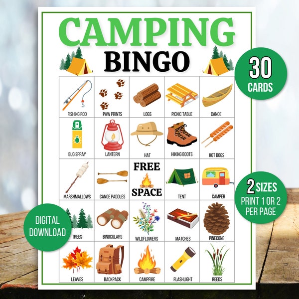 Bingo de camping, 30 tarjetas de bingo de camping imprimibles, juego de camping, juego de fiesta de camping, actividad de camping, bingo de campamento de verano, actividad de camping