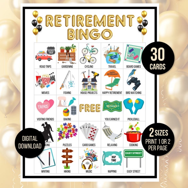 Bingo sur la retraite, 30 cartes de bingo sur la retraite, Activité de retraite, Jeu de fête pour la retraite, Jeu de retraite, Jeu à imprimer sur la retraite