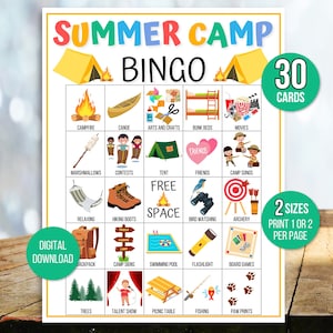 Bingo de campamento de verano, 30 cartas de bingo de campamento de verano, juego de campamento de verano, juego de fiesta de campamento, actividad de campamento de verano, juego de bingo para niños, niños de campamento de verano