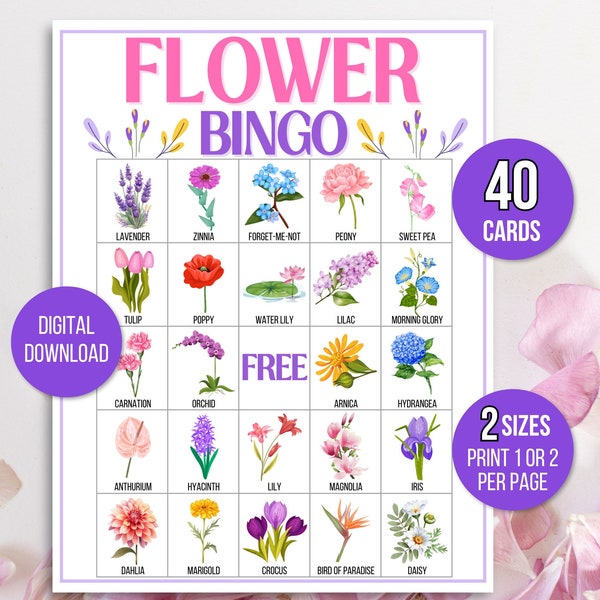 Flower Bingo, Spring Bingo, Garden Bingo, 40 Printable Flower Bingo Cards, Garden Club Game, Tea Party Bingo, Bridal Bingo Game