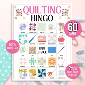 Quiltbingo, 60 afdrukbare quiltbingokaarten, quiltbingo, quiltfeest, quiltspel, quiltbingospel, quiltgildespel, quiltretraite