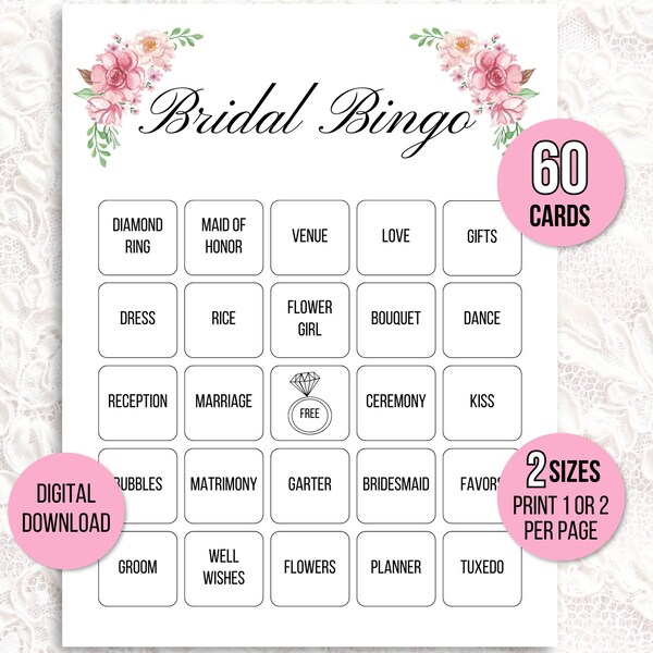 60 Bridal Bingo Cards, Unique Prefilled Bridal Bingo Game Cards, Wedding Bingo Cards, Bridal Shower Bingo Game, Wedding Bingo, Couples Game
