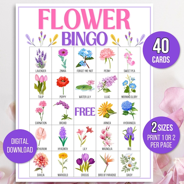 Flower Bingo, Spring Bingo, Garden Bingo, 40 Printable Flower Bingo Cards, Garden Club Game, Tea Party Bingo, Bridal Bingo Game