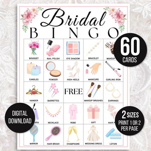Cartões de bingo de noiva, 60 cartões de jogo de bingo de noiva, jogo de bingo de chá de panela, jogo de festa de galinha, jogo de casamento infantil, jogo de chá de casamento