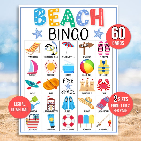 Beach Bingo, 60 Beach Bingo Cards, Summer Bingo, Fun in the Sun Bingo, Beach Game, Beach Activity, Kid's Printable Bingo Game, Bingo for Kid