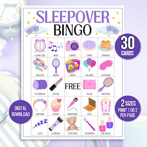 Sleepoverbingo, sleepoverspel, slaapfeestbingo, pyjamafeestbingo, 30 sleepoverbingokaarten, pyjamafeestspel, slaapfeestje