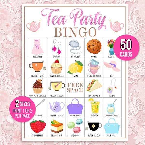 Tea Party Bingo, 50 Unique Printable Tea Party Bingo Cards, Tea Party Game, Tea Party Activity, Birthday or Bridal Shower Bingo, Tea Game