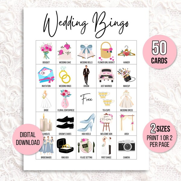 Wedding Bingo Cards, 50 Wedding Bingo Game Cards, Bridal Shower Bingo Game, Wedding Game Idea,  Wedding Reception Game, Couple's Bingo Game