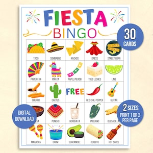 Fiesta Bingo, 30 cartes de bingo Fiesta imprimables, activité Fiesta pour enfants, jeu Fiesta pour enfants, activité scolaire à Cinco de Mayo pour enfants