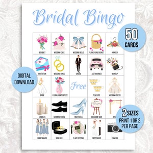 Tarjetas de bingo nupcial, 50 tarjetas únicas de juego de bingo nupcial, juego de bingo de despedida de soltera, idea de juego nupcial, juego de recepción, juego de pareja, juego de novia