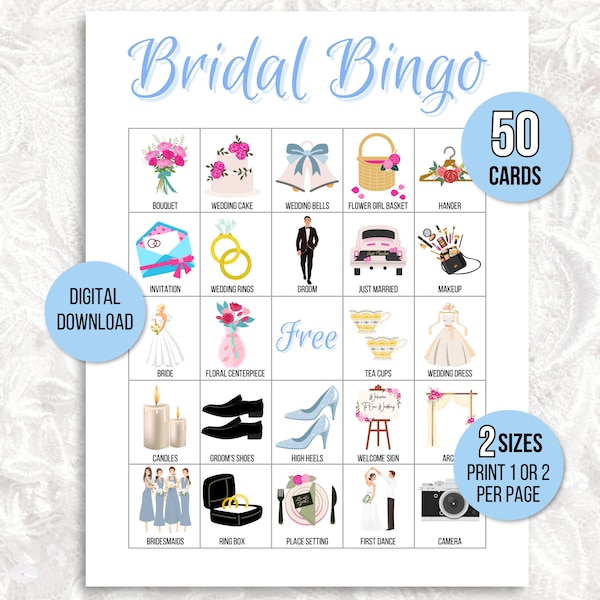 Bridal Bingo Cards, 50 Unique Bridal Bingo Game Cards, Bridal Shower Bingo Game, Bridal Game Idea, Reception Game, Couple's Game, Bride Game