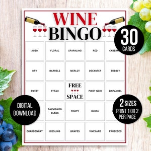 Wijnbingo, 30 afdrukbare wijnbingokaarten, wijngame-avond, wijnfeestspellen, wijnmakerijgames, bingo met wijnthema, meisjeswijnavond, wijnbruids