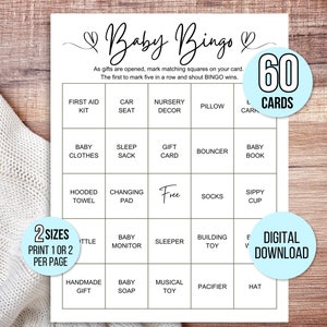 60 tarjetas de bingo para baby shower, tarjetas de bingo precargadas únicas para bebés, tarjetas de bingo para regalo de bebé, juego de bingo para baby shower, bingo minimalista para bebés