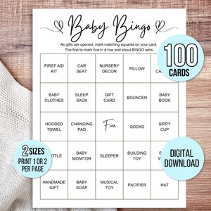 100 Baby Shower Bingokarten, einzigartige vorgefüllte Baby Bingo Spielkarten, Baby Geschenk Bingokarten, Baby Shower Bingo Spiel, minimalistisches Baby Bingo