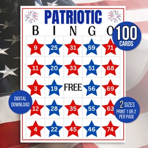 Patriotisches Bingo, 100 Vaterländisches Bingokarten, Vierteljubiläums-Bingo, Partyspiel zum 4. Juli, Bingo zum 4. Juli, Spiel zum 4. Juli