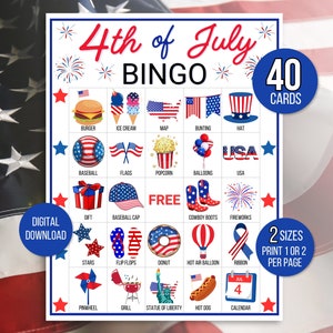 Bingo du 4 juillet, 40 cartes de bingo du 4 juillet, Bingo patriotique, Bingo du jour de l'indépendance, Jeu du 4 juillet, Jeu de bingo du 4 juillet, Jeu de bingo du 4 juillet