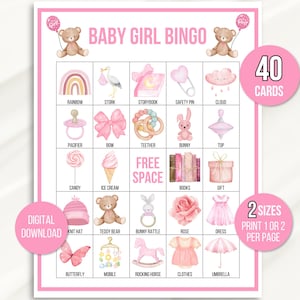 Baby Bingo, Baby Shower Bingo, Baby Girl Party Spiel, Baby Bingo Spiel, 40 vorgefüllte Baby Bingo Karten, Baby Sprinkle, Download