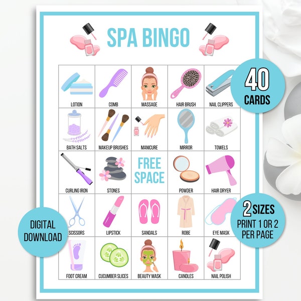 Spa Bingo, 40 Spa Bingo Cards, Spa Birthday Party Game, Girls Party Game, Spa Party, Spa Game, Pamper Party, Manicure Party, Pedicure Party