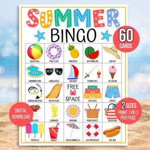 Bingo de verano, 60 cartas de bingo de verano, juego de verano, actividad de verano, bingo imprimible para niños, juego de bingo de verano para niños, bingo de vacaciones de verano