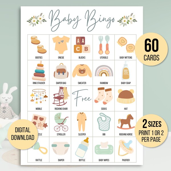 Baby Bingo, 60 Baby Bingo Cards, Baby Shower Bingo, Baby Shower Game, Baby Shower Activity, Printable Baby Bingo, Neutral Baby Bingo