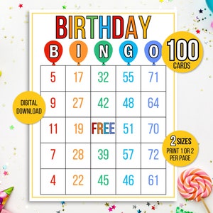 Verjaardagsbingo, 100 verjaardagsbingokaarten, verjaardagsspel, gelukkige verjaardag bingobordspel, verjaardagsfeestje voor kinderen, verjaardagsactiviteit