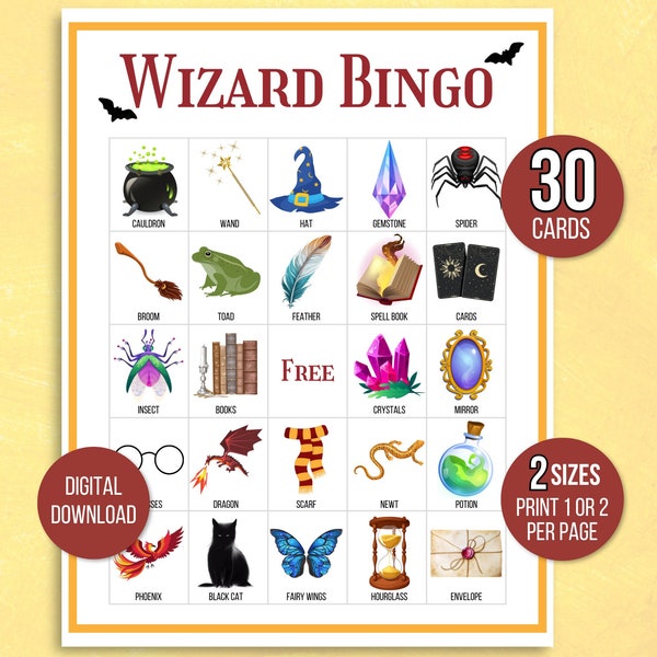 Wizard Bingo, 30 Wizard Bingo Cards, Wizard Party Game, Magic School Bingo, Kids Halloween Party Game, Halloween Classroom Activity