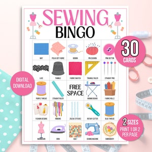 Naaibingo, 30 afdrukbare naaibingokaarten, quiltbingo, naaifeest, naaispel, naaibingospel, naaiclubspel, quiltretraite