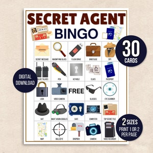 Geheim agent bingo, 30 afdrukbare geheim agent bingokaarten, geheim agent feestspel, geheim agent activiteit, geheim agent verjaardagsfeestje bingo