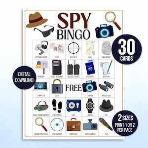 Bingo espion, 30 cartes de bingo espion imprimables, jeu de société espion, activité d'espionnage, bingo fête d'anniversaire espion, soirée à thème espion, jeu de l'agent secret