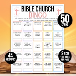 Kerkelijke bingo, 50 kerkbingokaarten, christelijke bingo, vind iemand die bingo, spelletjesavond kerk, spellen voor kerkfeesten, Bijbelstudiespellen