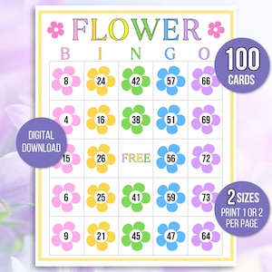 Flower Bingo, 100 Spring Bingo Cards, Flower Carte Bingo, Spring Activity For Kids, Kids Spring Party Game, Flower Game, Spring Class Game