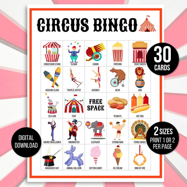 Circus Bingo, 30 afdrukbare Circus Bingokaarten, Circus Party Game, Circusactiviteit, Circus Verjaardag Bingo, Circusspel, Carnaval Bingo