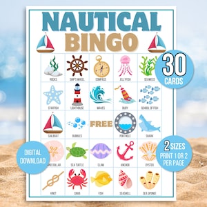Nautische bingo, 30 oceaanbingokaarten, onderwaterbingo, zeilbingo, zeilbingo, nautisch spel, oceaanspel, oceaanactiviteit, nautisch verjaardagsfeestje