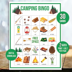 Camping Bingo, 30 druckbare Camping Bingo Karten, Camping Spiel, Camping Party Spiel, Camping Aktivität, Kinder Bingo Spiel, Zeltplatz Aktivität