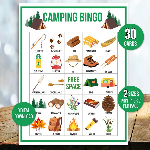 Camping Bingo, 30 Printable Camping Bingo Cards, Camping Game, Camping Party Game, Camping Activity, Kid's Bingo Game, Campground Activity