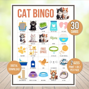 Bingo avec chat, 30 cartes de bingo avec chat à imprimer, jeu de fête d'anniversaire de chat, jeu de fête de chat, bingo avec chaton, jeux de société minou, bingo de fête d'anniversaire