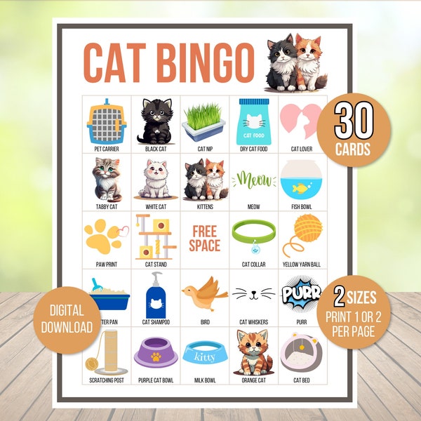 Cat Bingo, 30 Printable Cat Bingo Cards, Cat Birthday Party Game, Cat Party Game, Kitten Bingo, Kitty Party Games, Birthday Party Bingo
