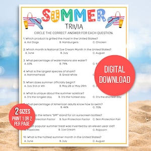 Sommer-Trivia-Spiel, Sommer-Trivia-Quiz, druckbares Sommerspiel, Sommer-Familienspiel, Sommerspiel für Kinder, Sommer-Arbeitsblatt, Sommer-Partyspiel